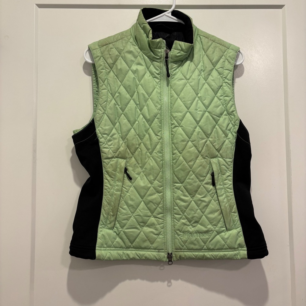 Marmot Womens Quilted Vest Green Black Side Panels Full Zip Mock Neck Size M